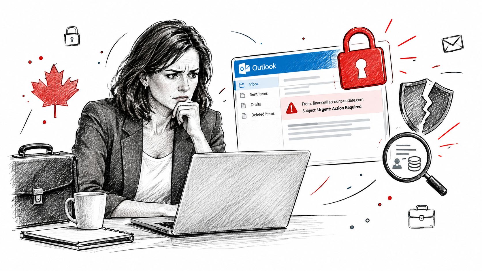 A businesswoman looking concerned at her laptop while viewing a suspicious phishing email in her Outlook inbox.