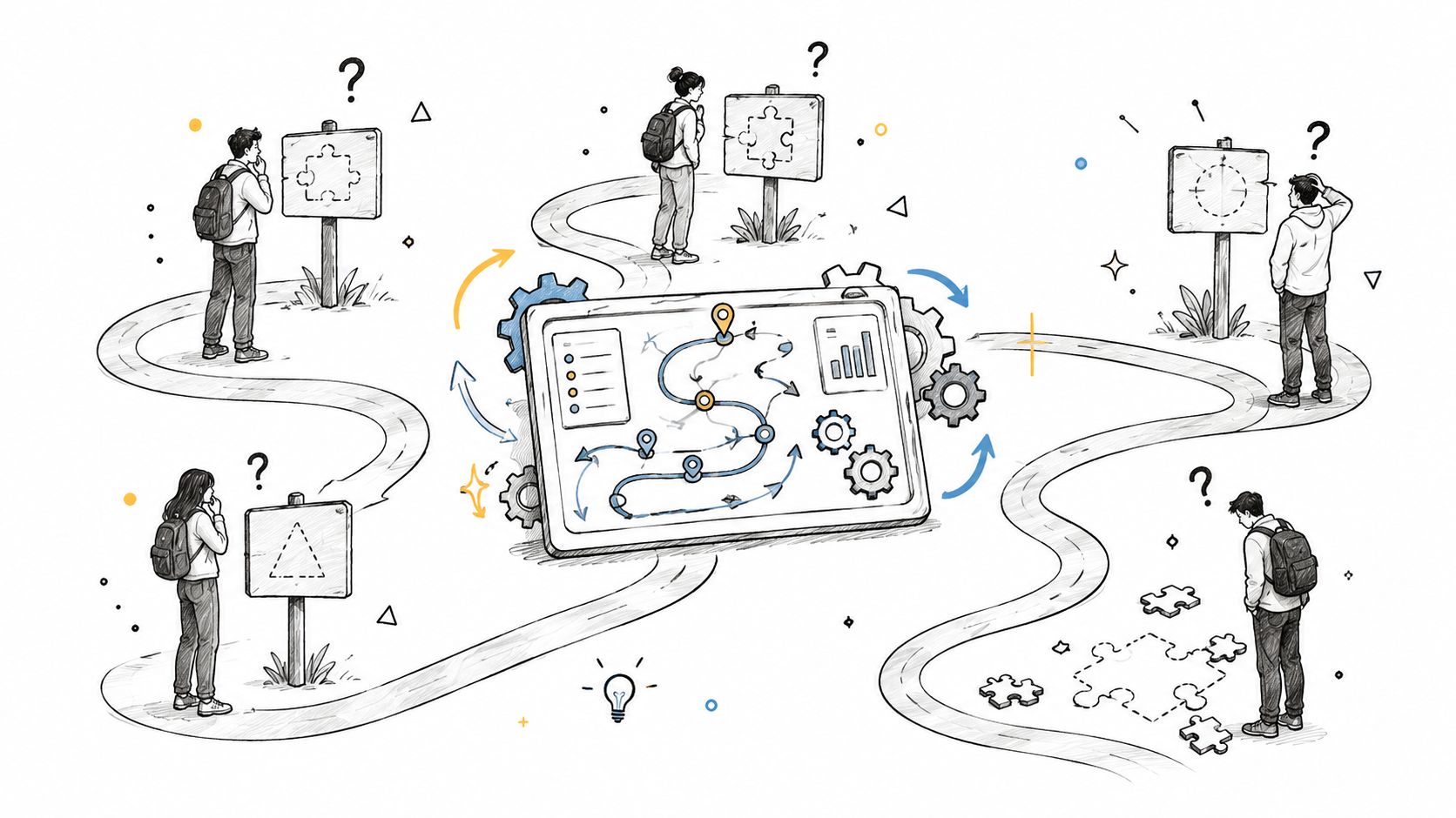 A hand-drawn illustration depicting a digital transformation roadmap with people standing at crossroads solving complex puzzle problems.