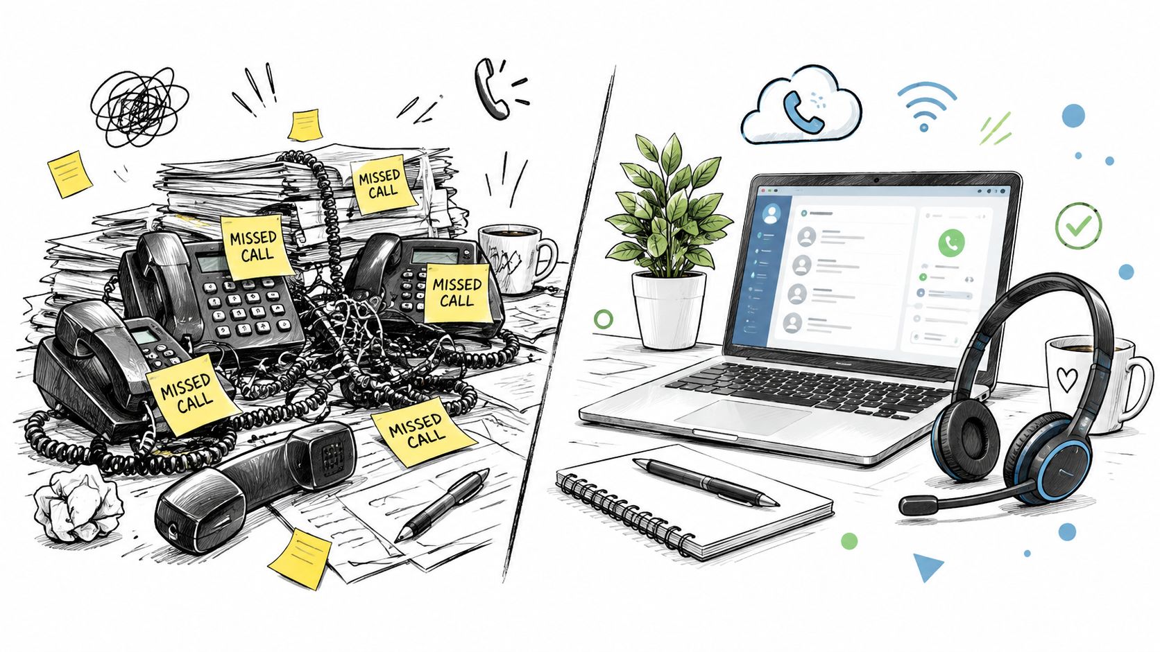 A split image comparing disorganized traditional office desk phones to an efficient digital VoIP workstation setup.