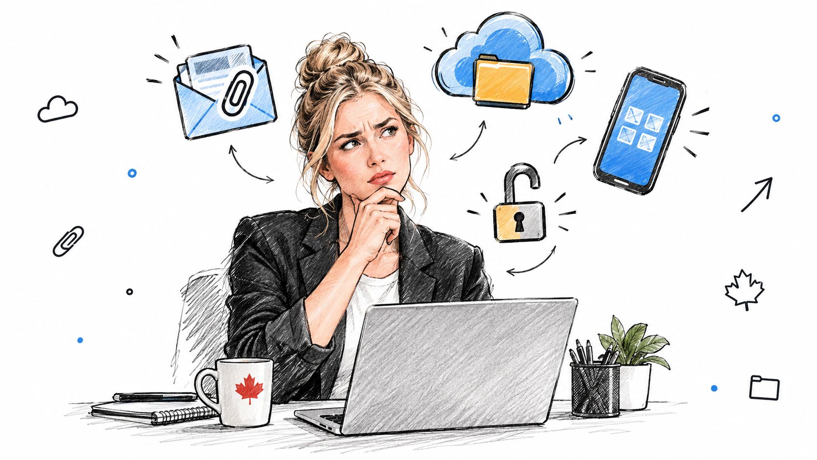 A businesswoman sitting at a desk looking thoughtful, surrounded by icons representing digital security and file sharing.