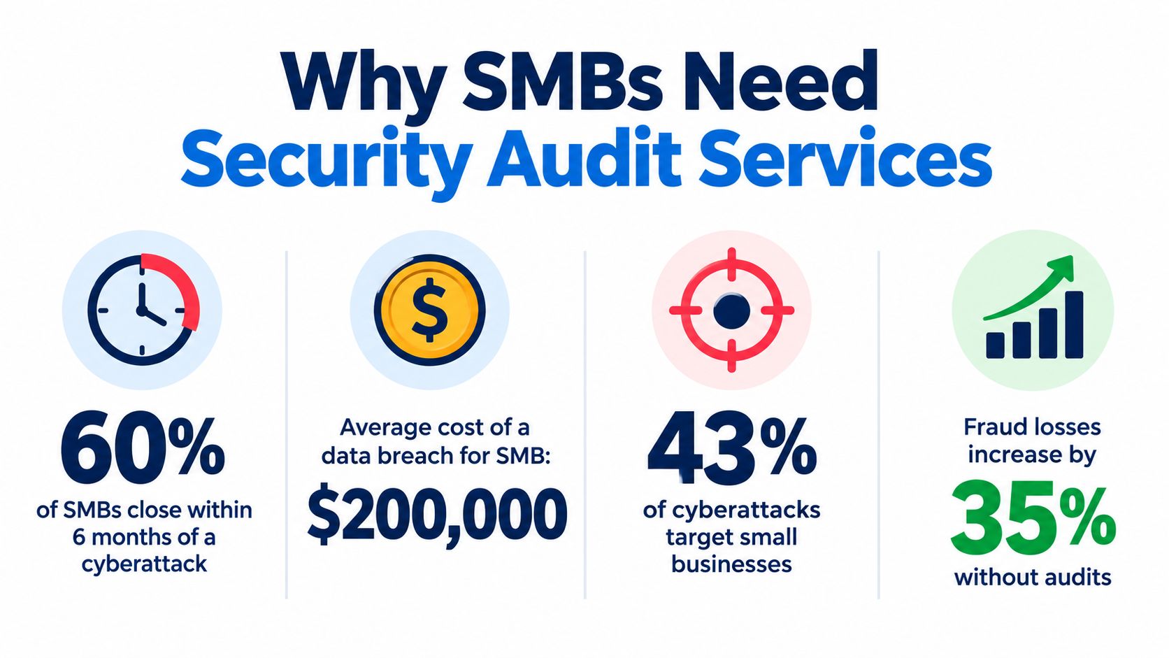 An infographic illustrating why small businesses need professional security audit services due to high cyberattack risks.