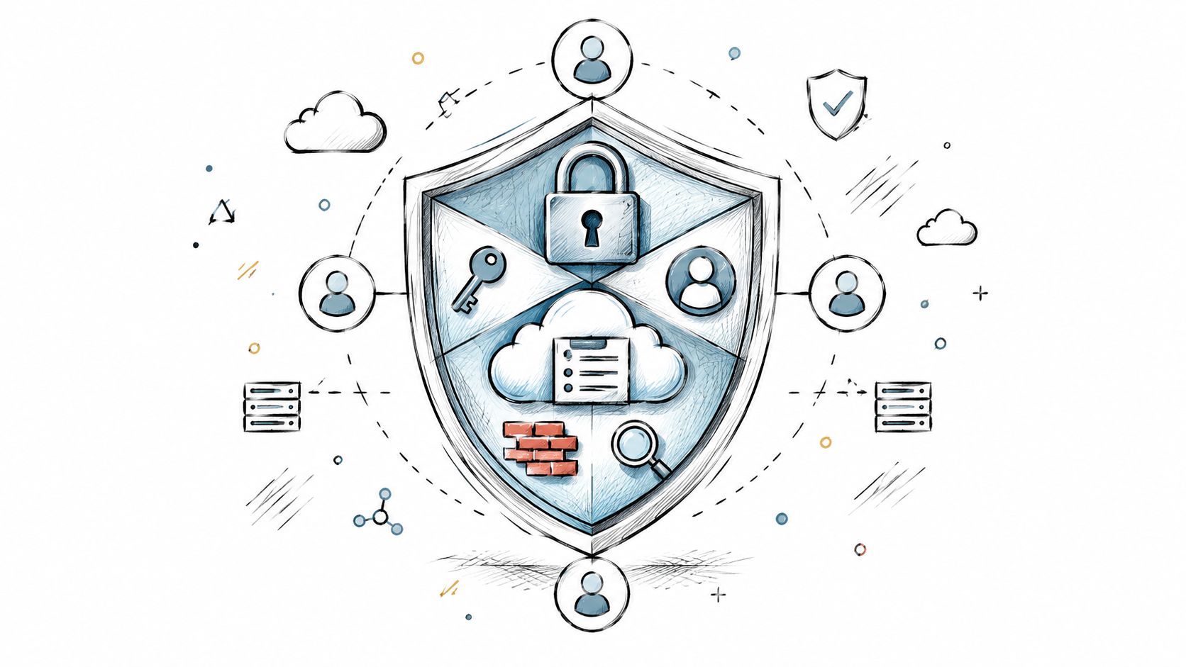 A hand-drawn illustration showing a shield protecting a cloud network with security icons, representing cybersecurity concepts.