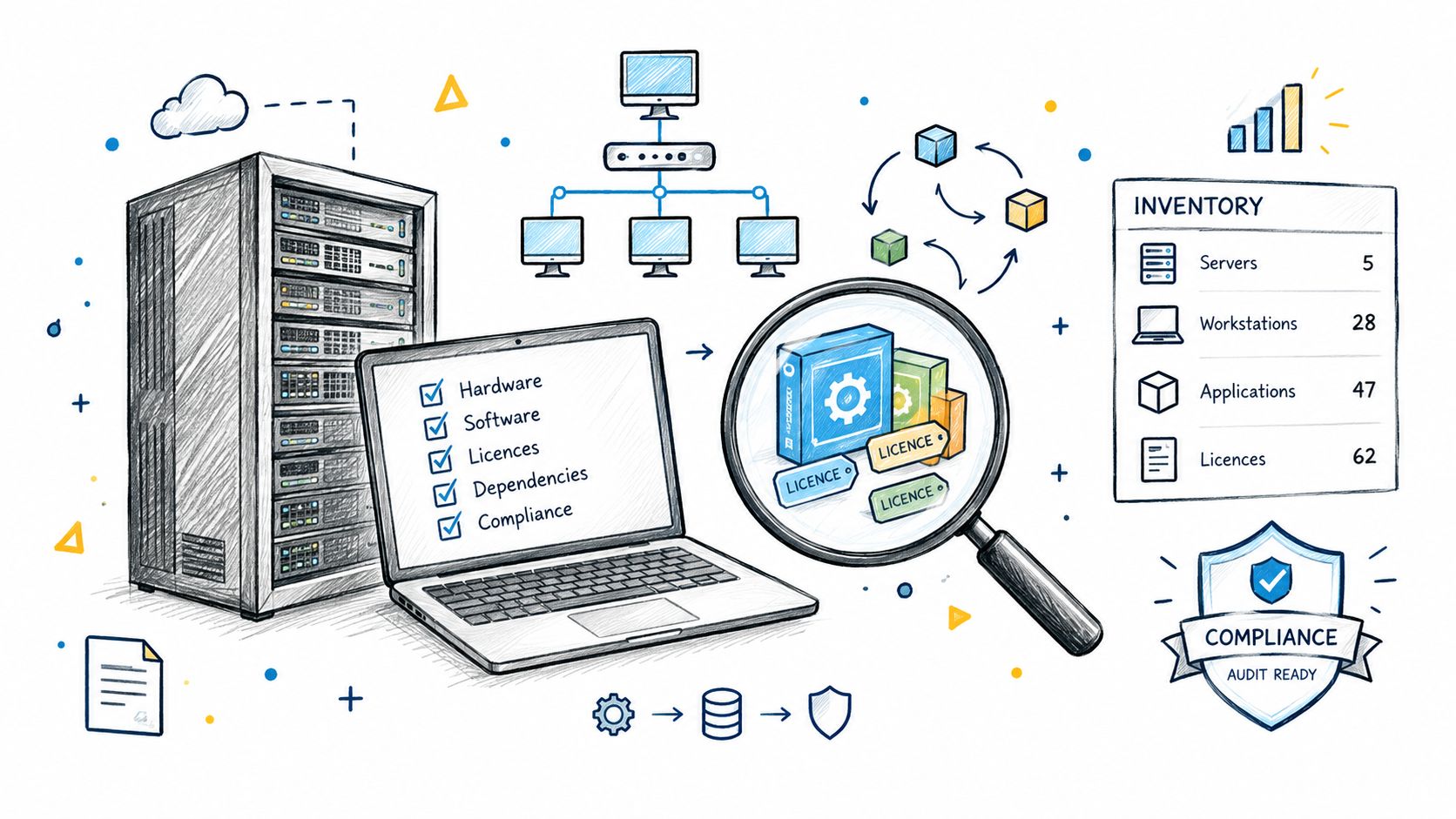 A conceptual illustration showing IT asset management with servers, software inventory, compliance checking, and auditing tools.