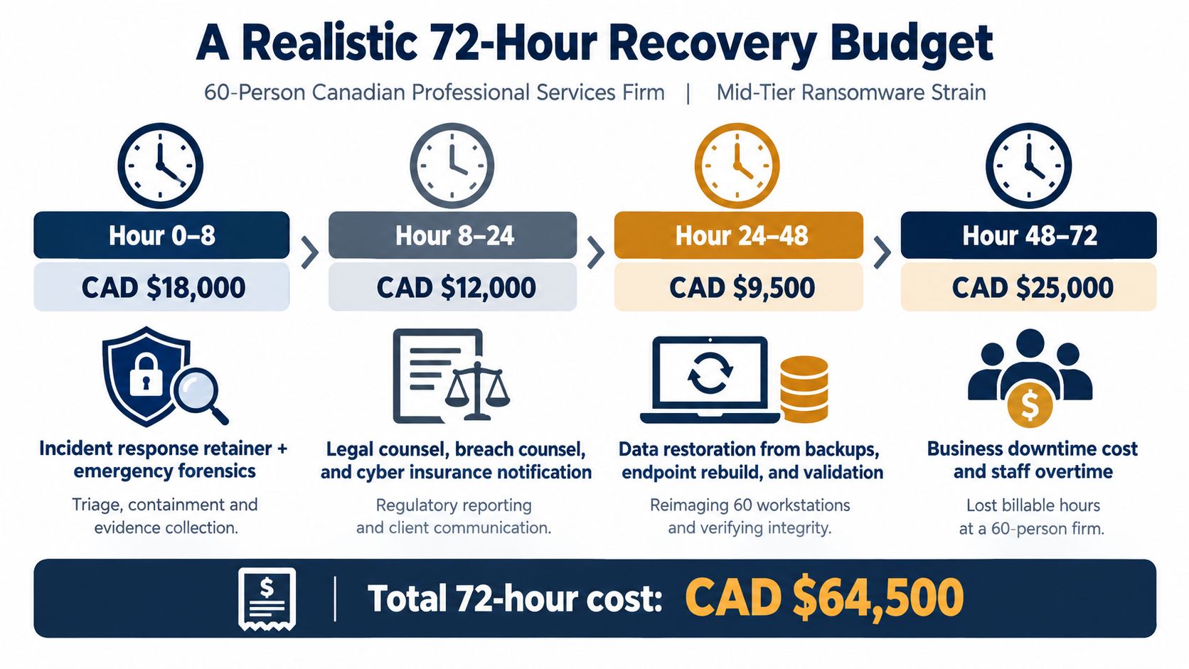 A 72-hour recovery budget infographic showing costs for a 60-person firm during a ransomware attack.
