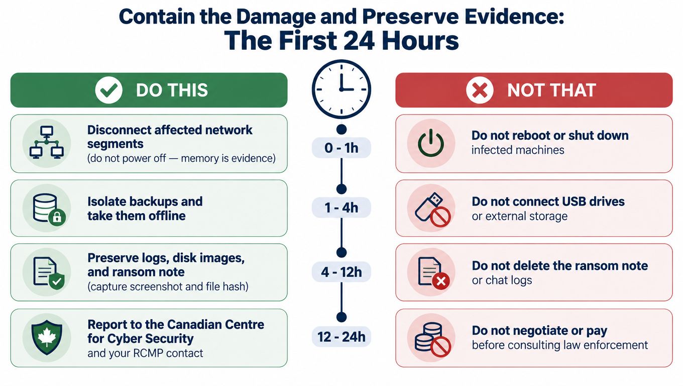An infographic titled The First 24 Hours listing recommended actions and prohibitions following a cyber attack.