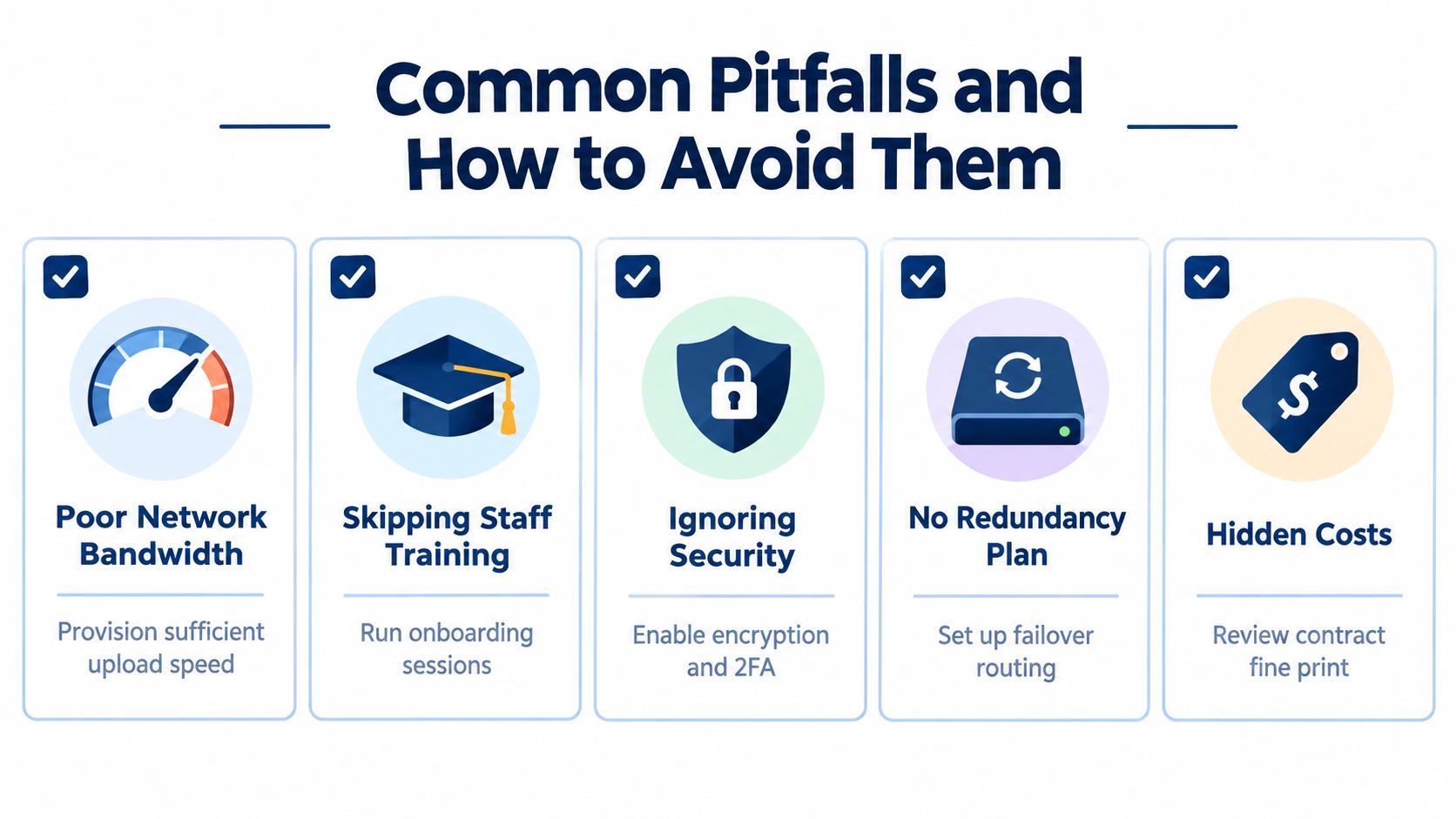 An infographic showing five common business pitfalls and actionable steps to avoid them for better operational efficiency.