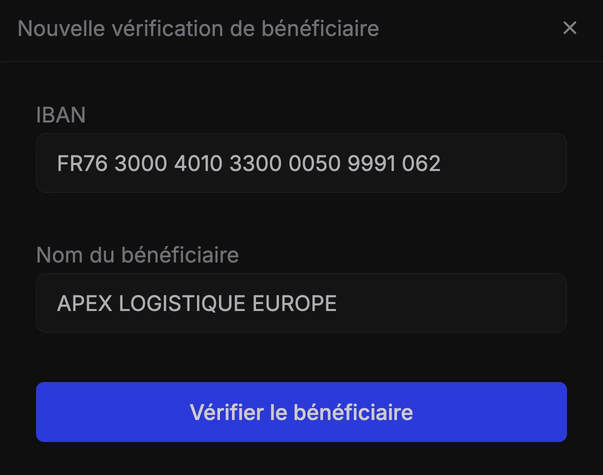 Formulaire de vérification du bénéficiaire d'un IBAN avec les champs IBAN et nom et le bouton pour vérifier le bénéficiaire.