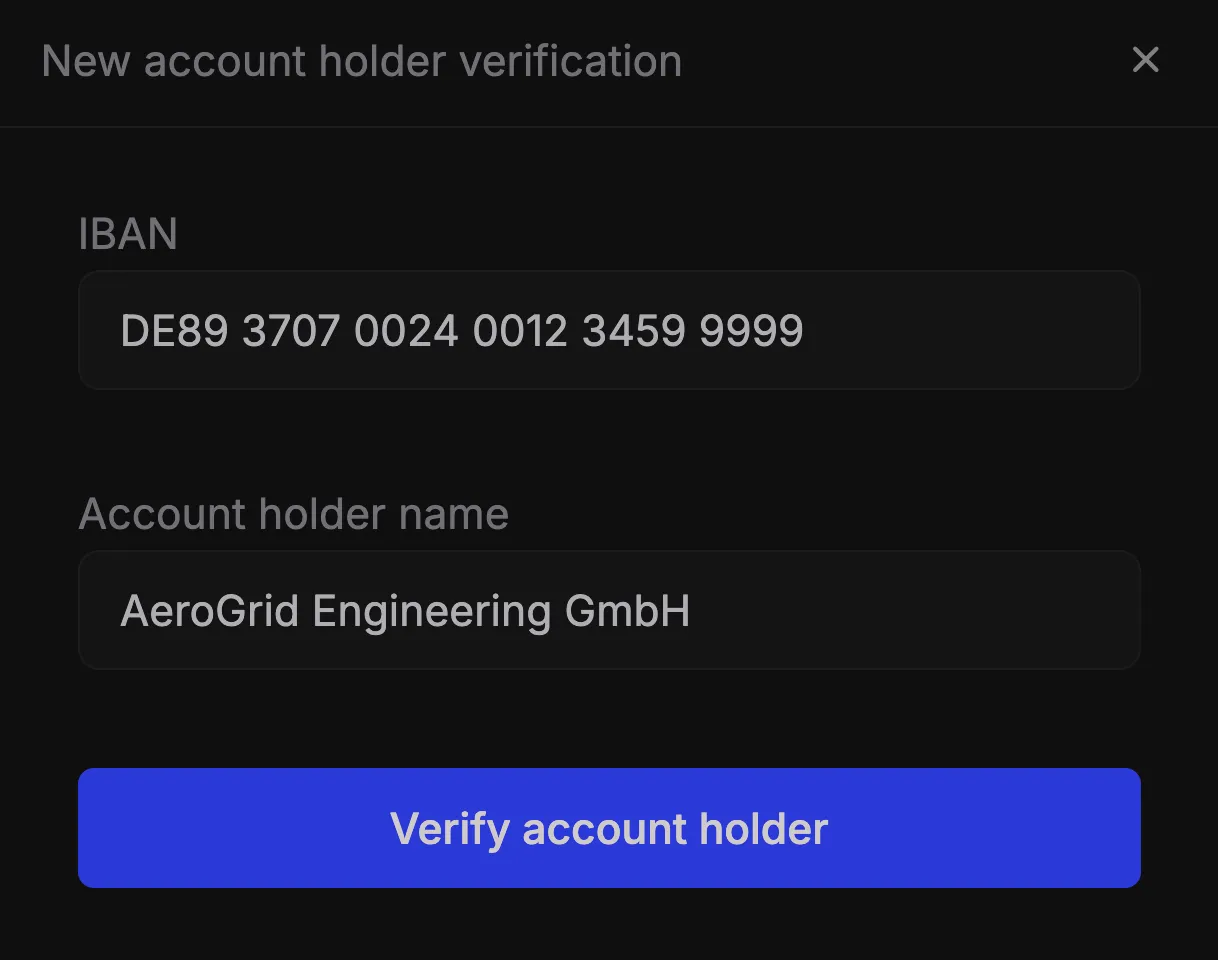 Account holder verification form with the IBAN and name fields and the button to verify the account holder.