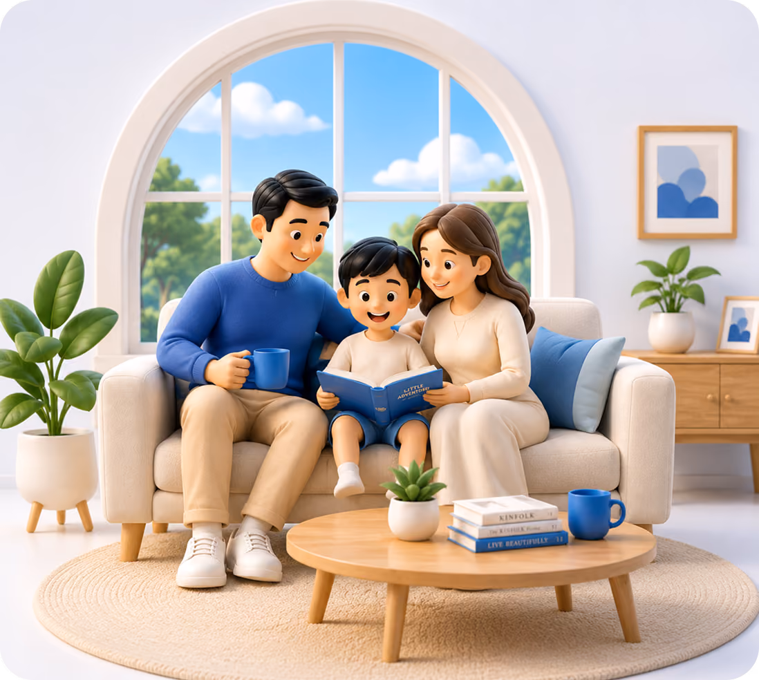 A family relaxing and reading together at home