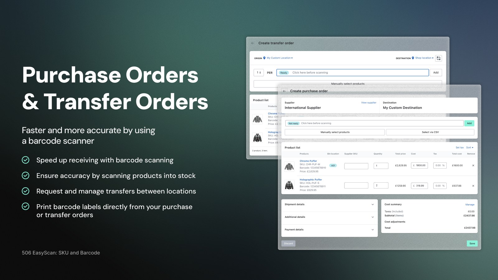 EasyScan barcode scanning and purchase orders inside the Shopify admin