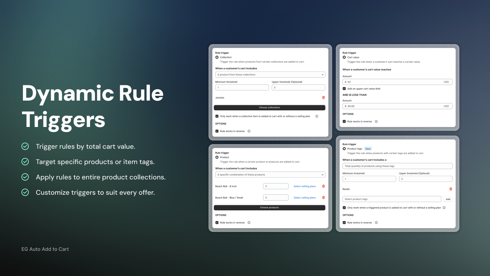 EasyGift rule trigger options: cart value with upper limit, product, collection and product tag triggers