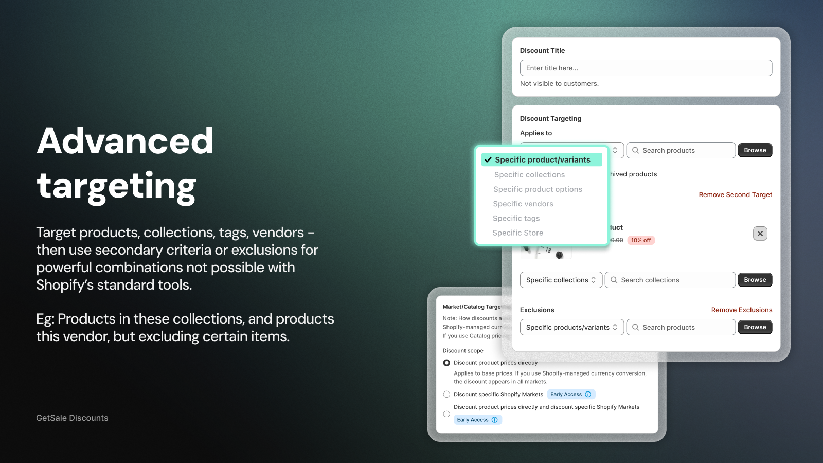 GetSale discount targeting screen with options for specific products, collections, product options, vendors, tags or the whole store, plus exclusions
