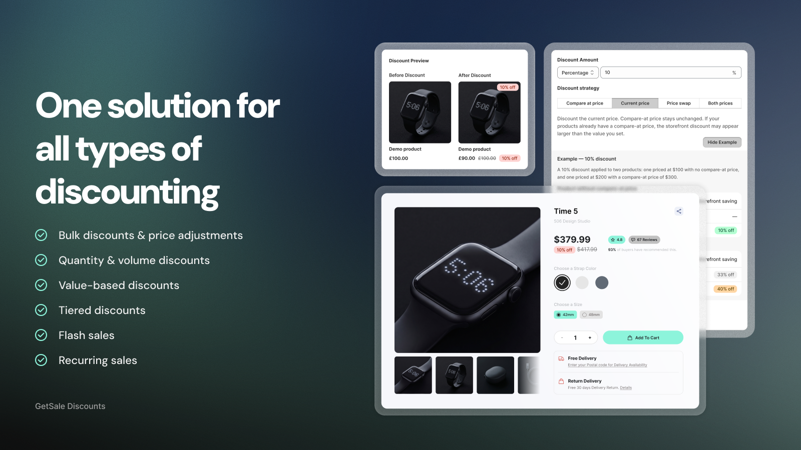 GetSale discount preview showing a product before and after a 10 percent discount, the discount strategy options and the sale price on a product page