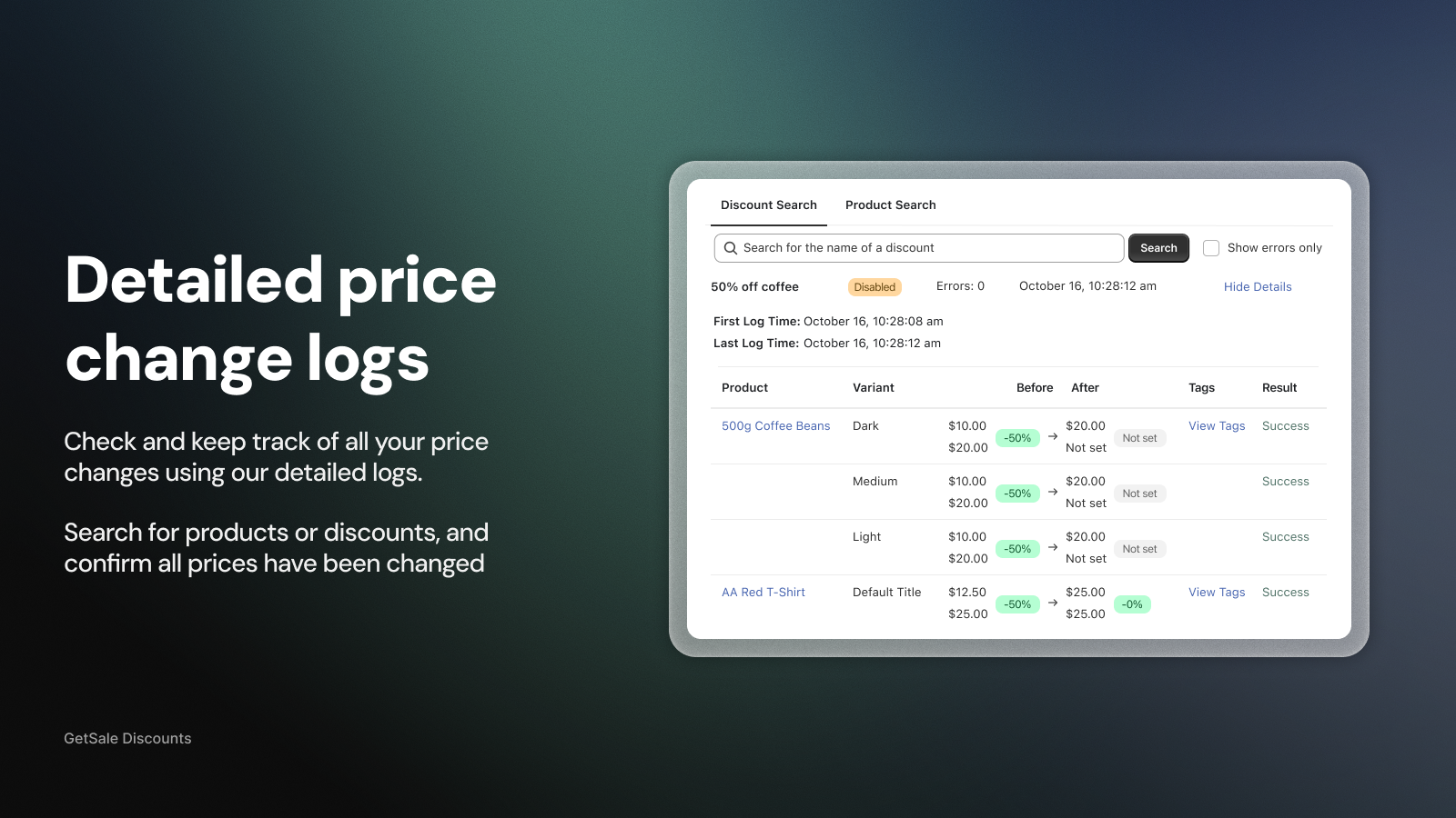 GetSale price change log listing each product variant with its price before and after the discount and the result of each change
