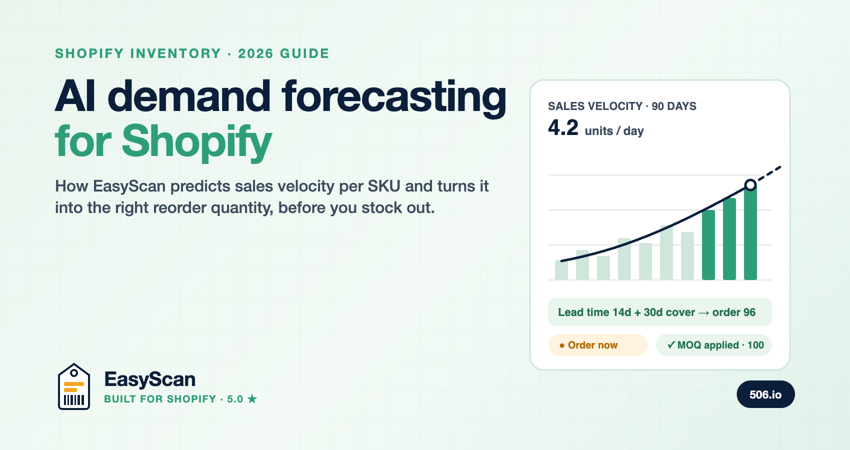 AI demand forecasting for Shopify with EasyScan: sales velocity chart and reorder suggestion