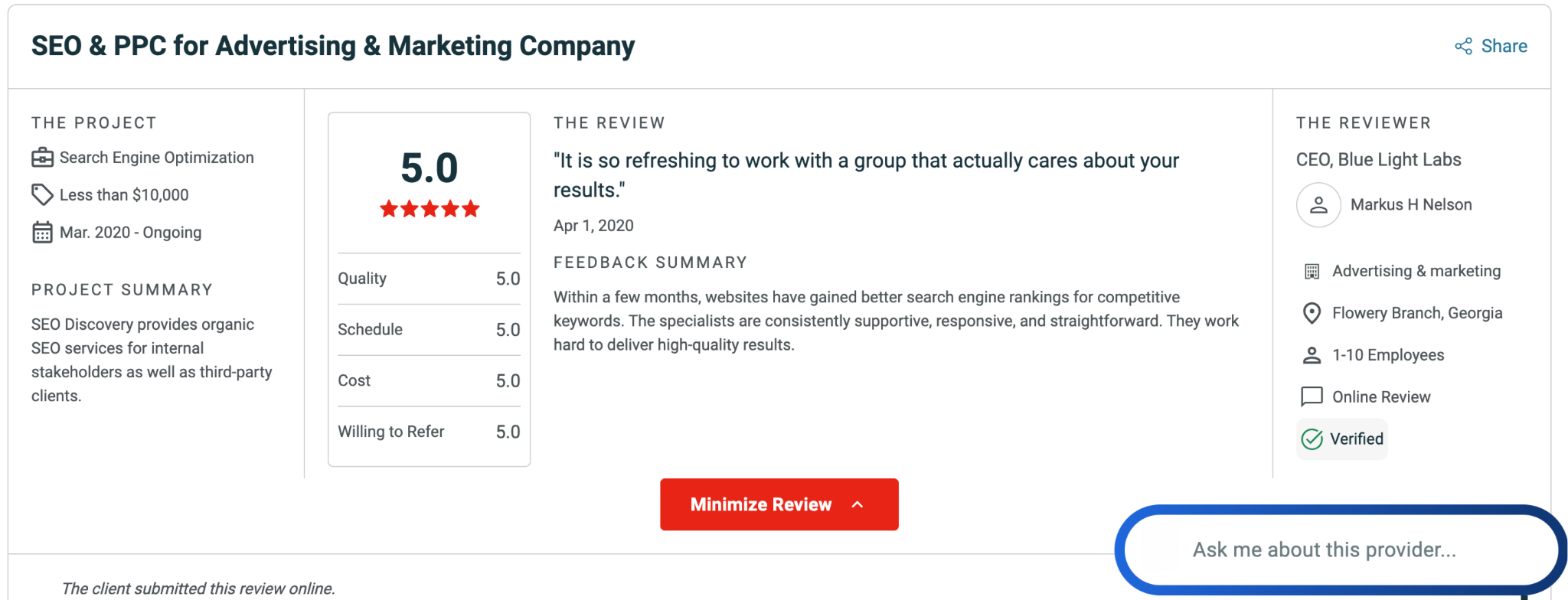 SEO Discovery's Clutch Webflow review screenshot