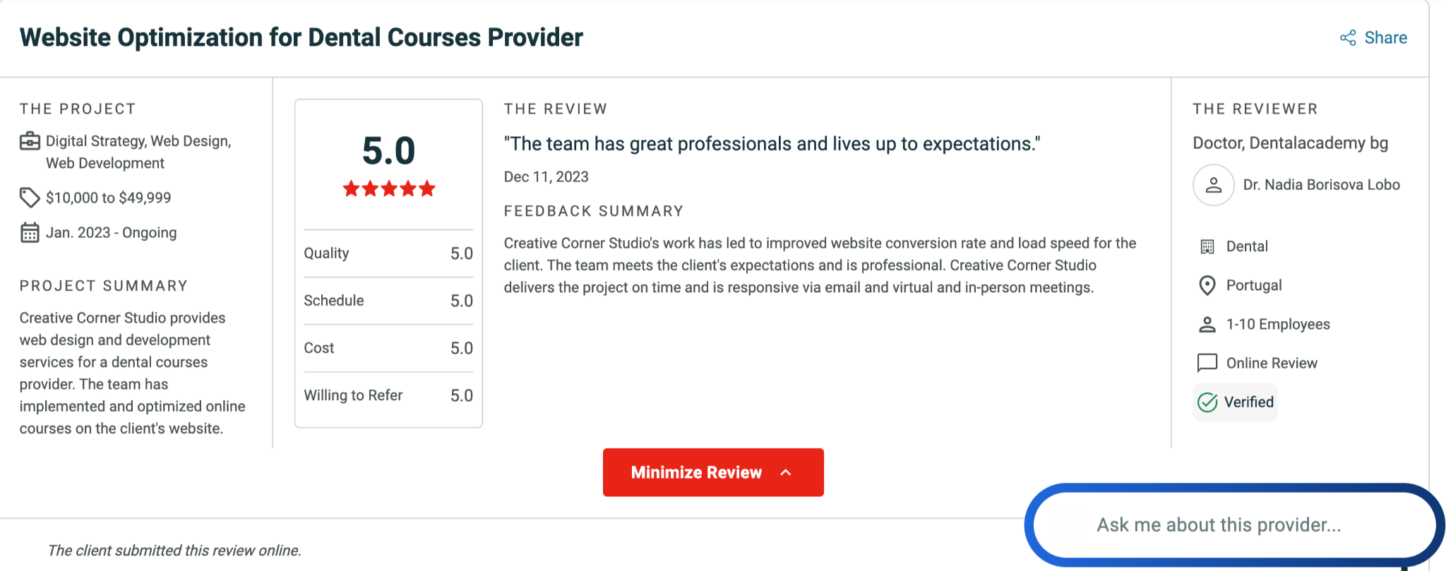 Creative Corner Studio's Clutch Webflow review screenshot