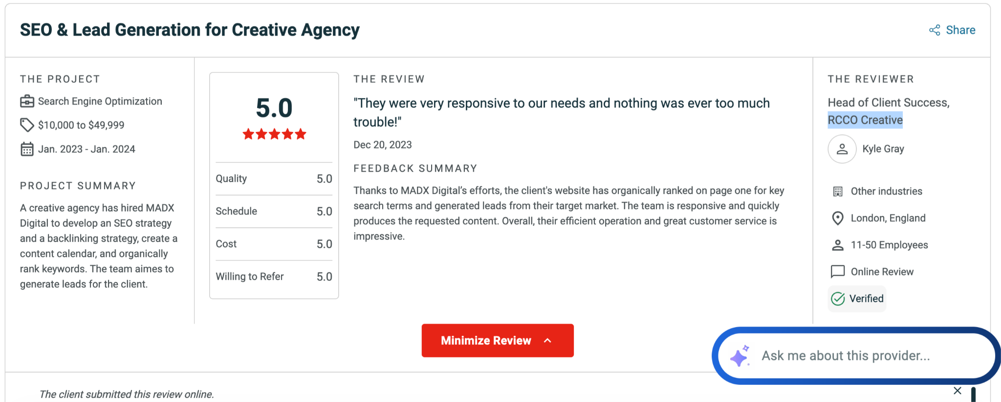 MADX Clutch Webflow review screenshot