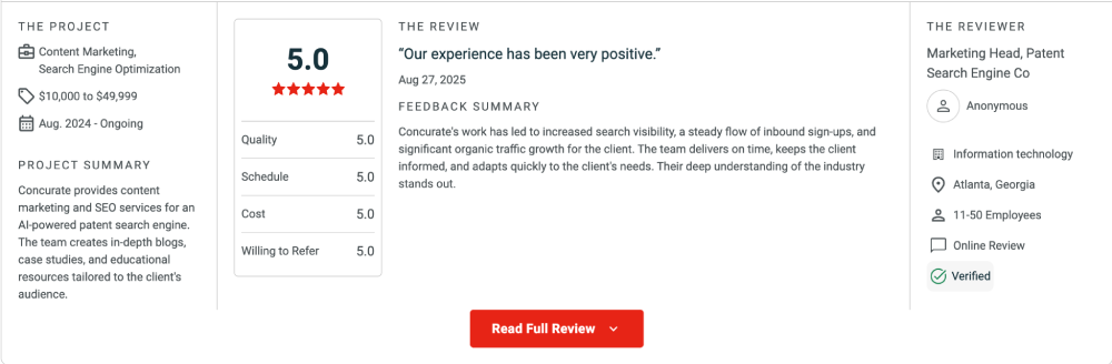 A screenshot of a 5-star rating client review from Concurate's clutch profile.