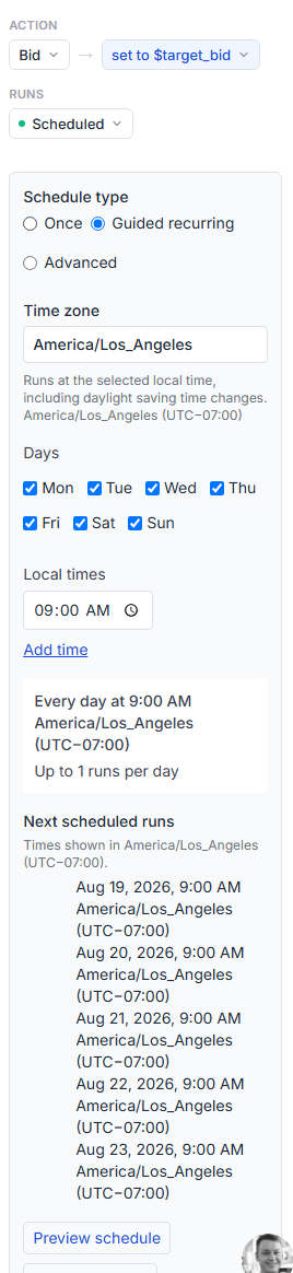 Merch Jar Workflow schedule set to Guided recurring, with days and local times