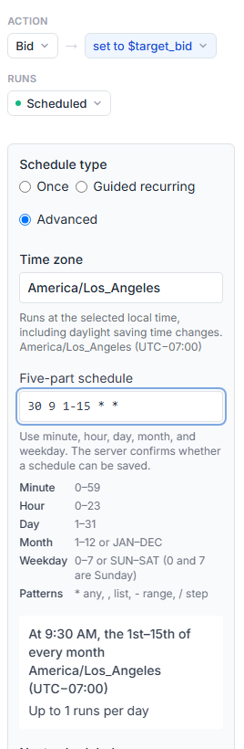 Merch Jar Workflow schedule set to Advanced, with a five-part cron expression and field reference