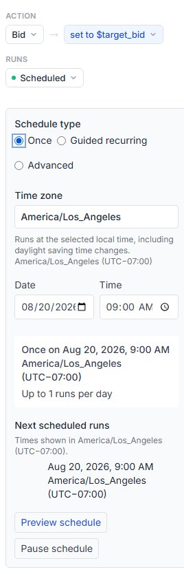 Merch Jar Workflow schedule set to Once, with a date and time