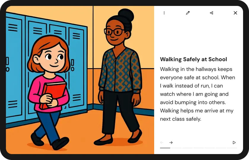 An illustration of a young girl with curly hair sitting at a desk in a classroom. She is focusing on drawing or coloring on a piece of paper, surrounded by school supplies like pencils and a cup for pens. In the background, there are bookshelves, a clock on the wall, and natural light coming through a window. The text next to her reads, "What Are Transitions? At school, transitions are times when we move from one activity to another. They help us get ready for changes in our day."