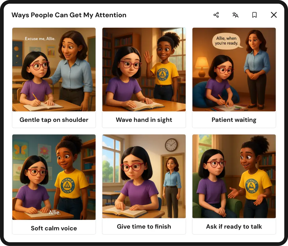 Infographic titled “Ways People Can Get My Attention” showing six illustrated panels of a girl writing or reading while others approach her. Each panel demonstrates a strategy: gentle tap on shoulder, wave hand in sight, patient waiting, soft calm voice, give time to finish, and ask if ready to talk. Speech bubbles include “Excuse me, Allie.” and “Allie, when you’re ready.”