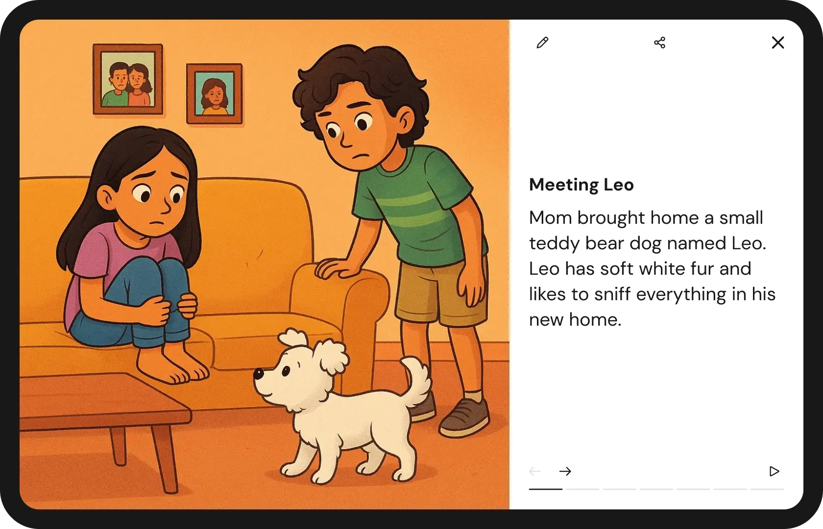 An excited family in the kitchen with their new dog