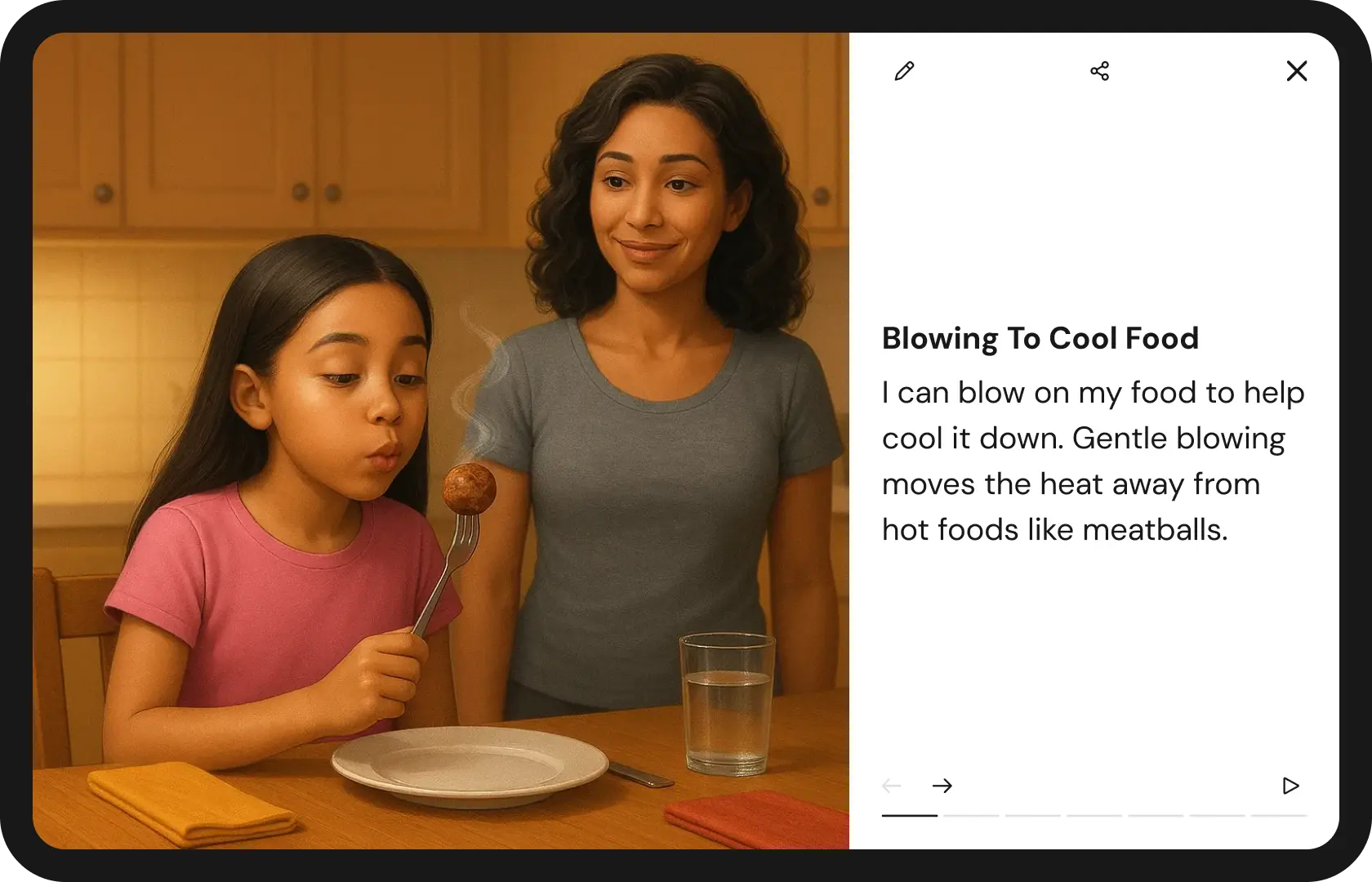 A young girl sitting at the kitchen table with a hot bowl of soup in front of her