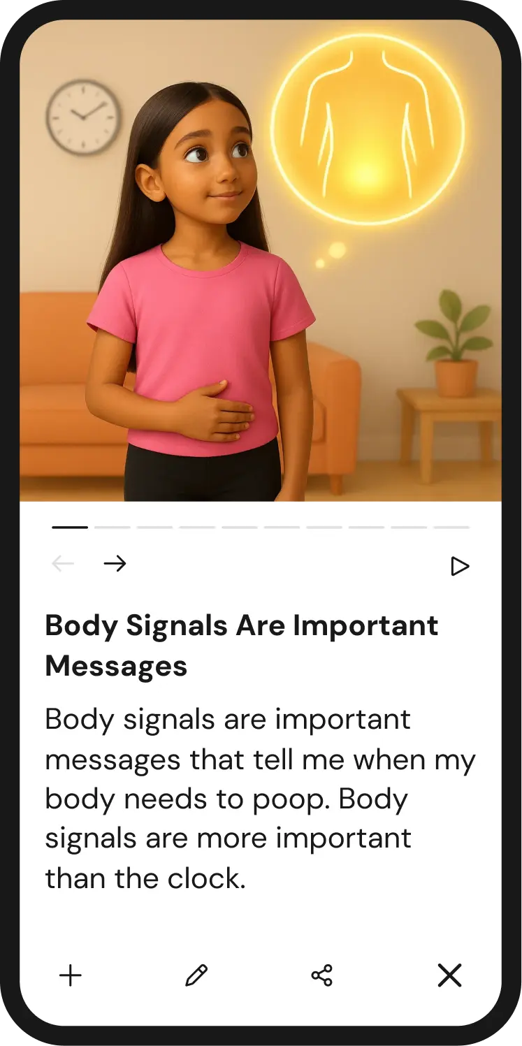 A young girl sitting in her living room looking at a diagram of the menstrual cycle