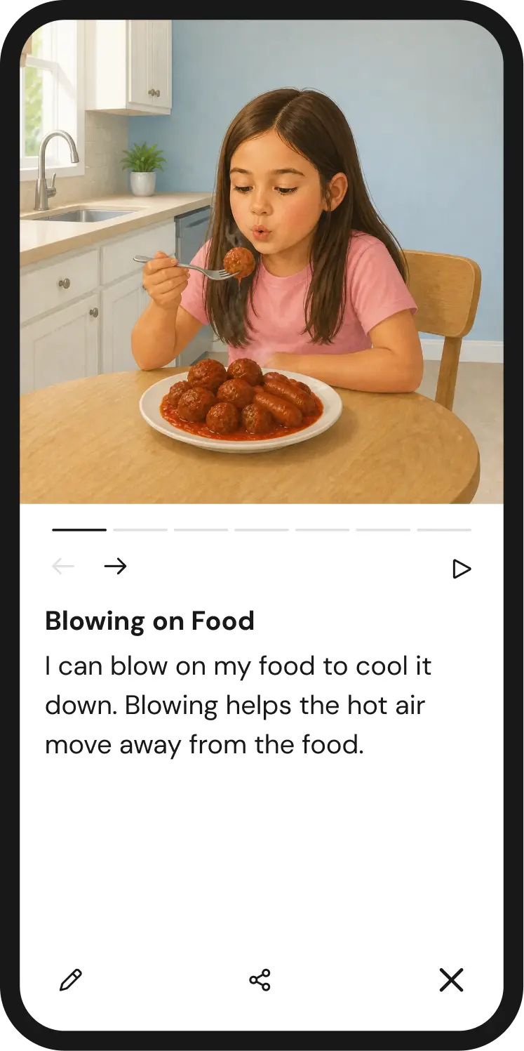 A young girl sitting at the kitchen table with a hot bowl of soup in front of her