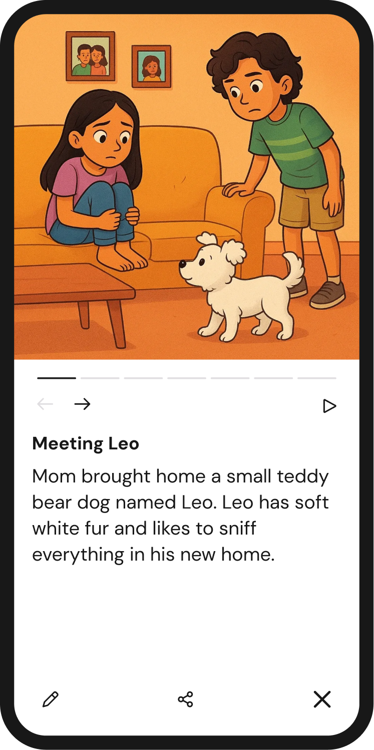 An excited family in the kitchen with their new dog