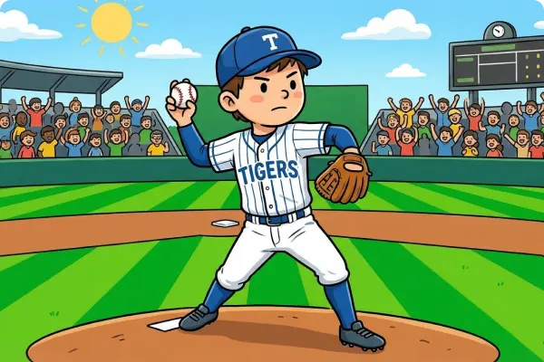 Cartoon baseball pitcher from the Tigers team preparing to throw a ball on the mound with a cheering crowd and sunny sky in the background.