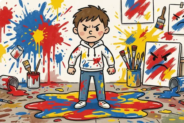 Illustration of an angry boy standing on colorful paint splatters with paint cans and brushes around, and angry-looking paint splatters on the wall.