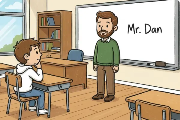 Teacher Mr. Dan standing in front of a whiteboard in a classroom with a student sitting at a desk looking at him thoughtfully.