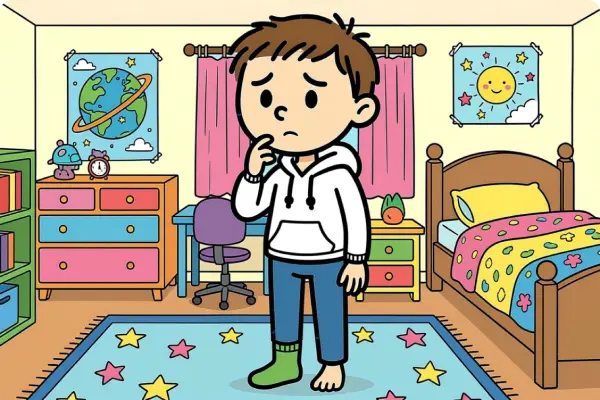 A boy stands in a colorful bedroom looking confused, wearing one green striped sock on his left foot and no sock on his right foot.