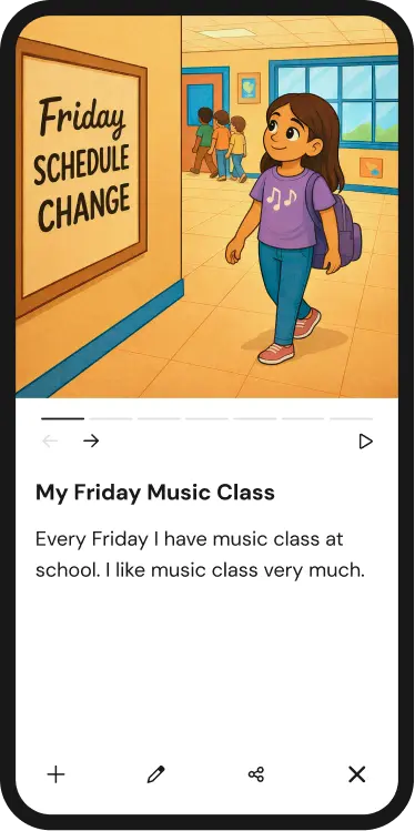 Illustration on a phone screen of a smiling student with long brown hair wearing a purple music-note shirt, carrying a purple backpack in a school hallway. Other kids walk behind her, and a bulletin board reads “Friday Schedule Change.” Text below: “My Friday Music Class… Every Friday I have music class at school. I like music class very much.”
