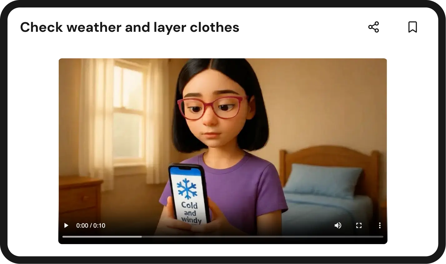  Animated girl with red glasses stands in a bedroom holding a phone that shows a snowflake icon and the words “Cold and windy,” beneath the heading “Check weather and layer clothes.”