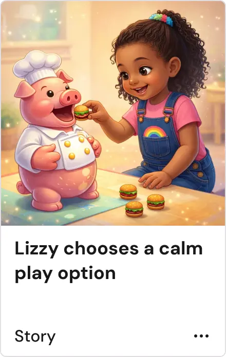 Young girl feeding a small burger to a smiling pig dressed as a chef at a table.