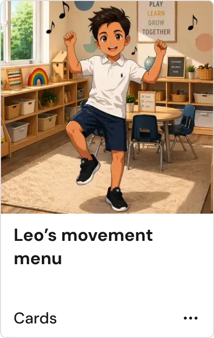 Smiling boy in a classroom raising arms and lifting one knee, with musical notes around him.