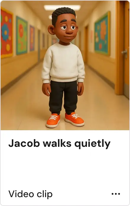 Animated boy in a white sweatshirt and orange shoes standing in a school hallway.