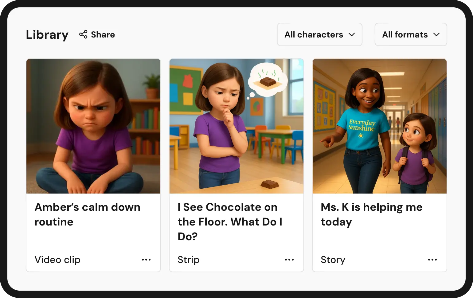 Library interface showing three cards: angry girl, thoughtful girl with chocolate, and woman helping child in school hallway.