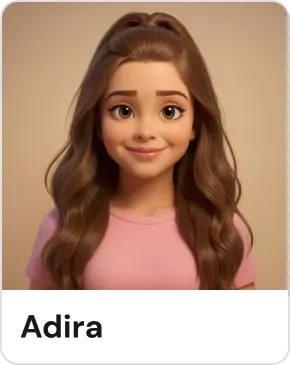 3D avatar of a smiling young woman with long brown hair in a pink shirt on beige background.