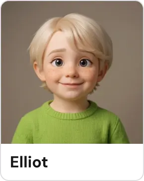 Smiling animated blonde child with freckles wearing a green sweater on a plain background.