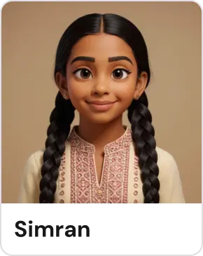 Smiling animated girl with long dark hair in braids and a traditional embroidered top against a beige background.