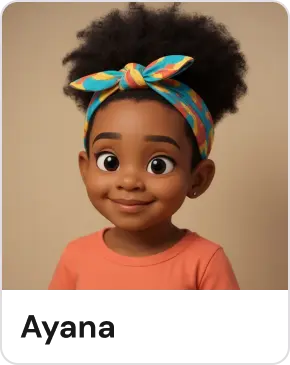 Smiling young girl with curly hair tied by a colorful headband wearing an orange shirt.