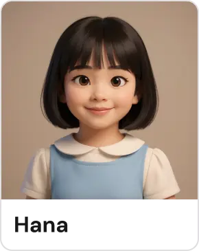 Smiling animated girl with short black hair wearing a blue dress with a white collar.