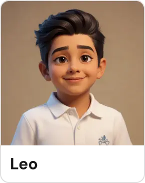 3D animated boy with dark hair wearing a white polo shirt smiling at the camera.