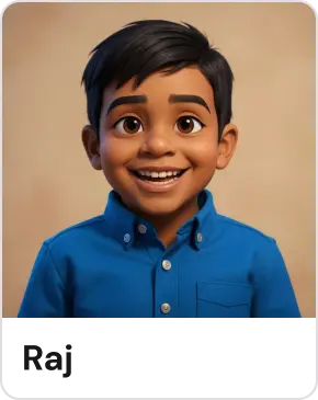 Smiling animated boy with dark hair wearing a blue button-up shirt against a beige background.